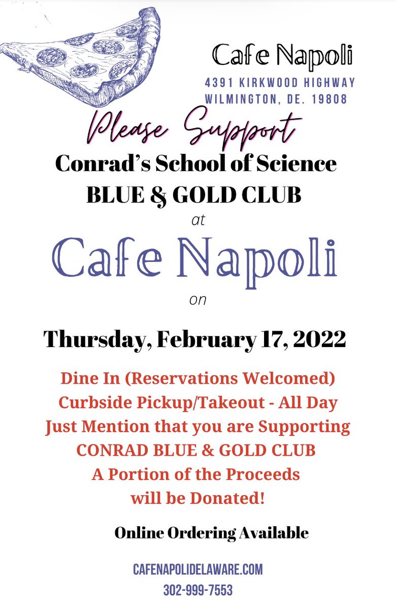 Only 3 days until our @DFRCBlueGold Club fundraiser - this Thursday, February 17th! Dine in or take out but don’t forget to tell them you’re supporting Conrad Blue-Gold! 💙💛 @ConradRedWolves