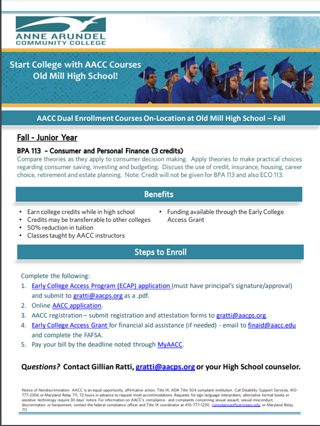 OMHSSigAACPS's tweet photo. Hey @OldMillHSAACPS did you hear the news?!  Starting fall of 2022, we'll be offering #dualenrollment courses with @AnneArundelCC!  In fact, there's a whole pathway coming! Want to know more?  Get it touch with Ms. Ratti or your counselor. https://t.co/s1qsJCB2VZ