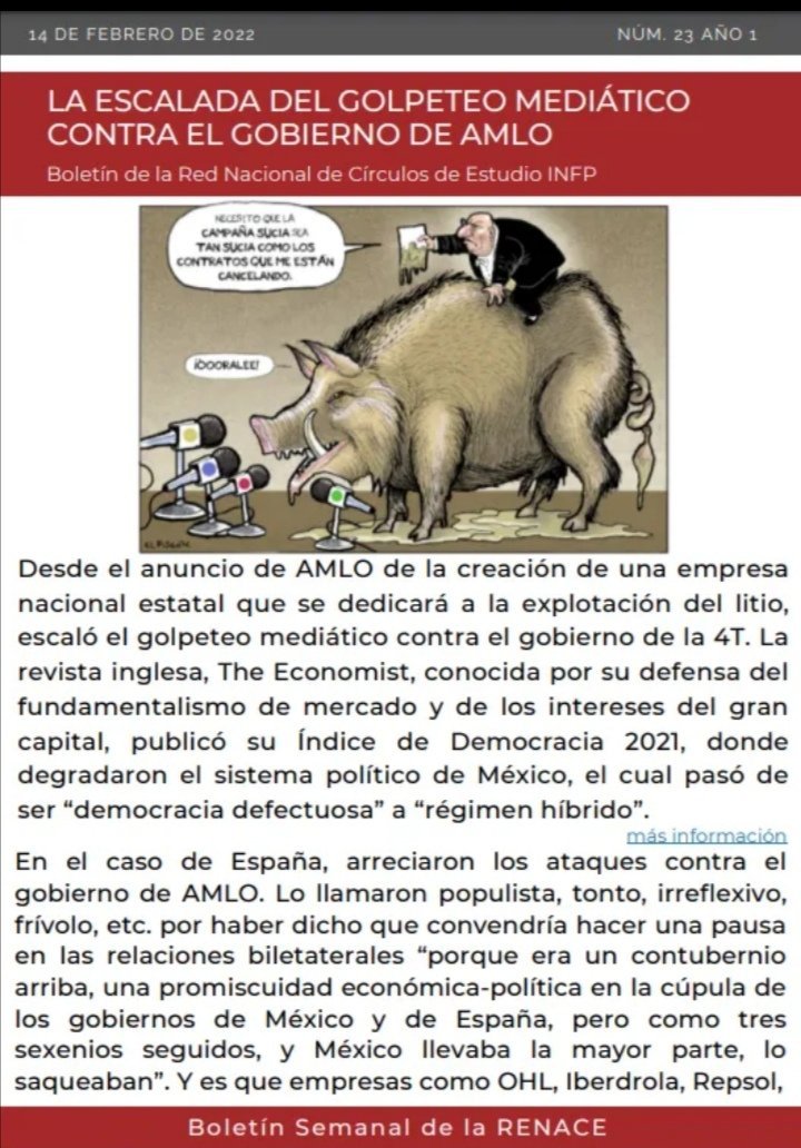 EstatalEstudio's tweet photo. 📌HOLA compañeras y compañeros, les compartimos el boletín semanal de la RENACE número 23. El tema de esta semana es "La escalada del golpeteo mediático contra el gobierno de Amlo". Les invitamos a leerlo y compartirlo. Saludos! https://t.co/t77WmXK7J9