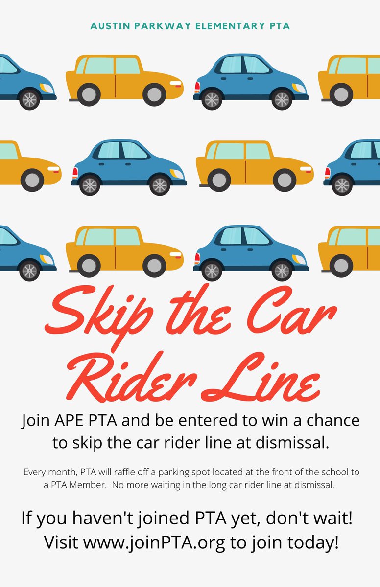Tired of waiting in the long car rider line at dismissal?  Then join APE PTA today at joinPTA.org