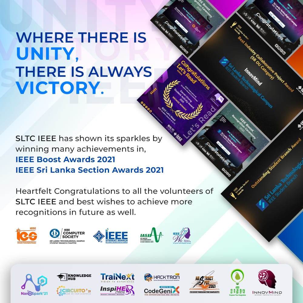 sltcieeewie's tweet photo. The IEEE Student Branch of SLTC proudly announce you all about our extraordinary achievements in, 
🏆 IEEE Boost Awards 2021 
🏆 IEEE Sri Lanka Section Awards 2021

 Cheers to all the SLTC IEEEians for a bright future with many more recognitions.🥂

#SLTCIEEE #WIE #IES #CS #IAS https://t.co/Bfqw0910pg