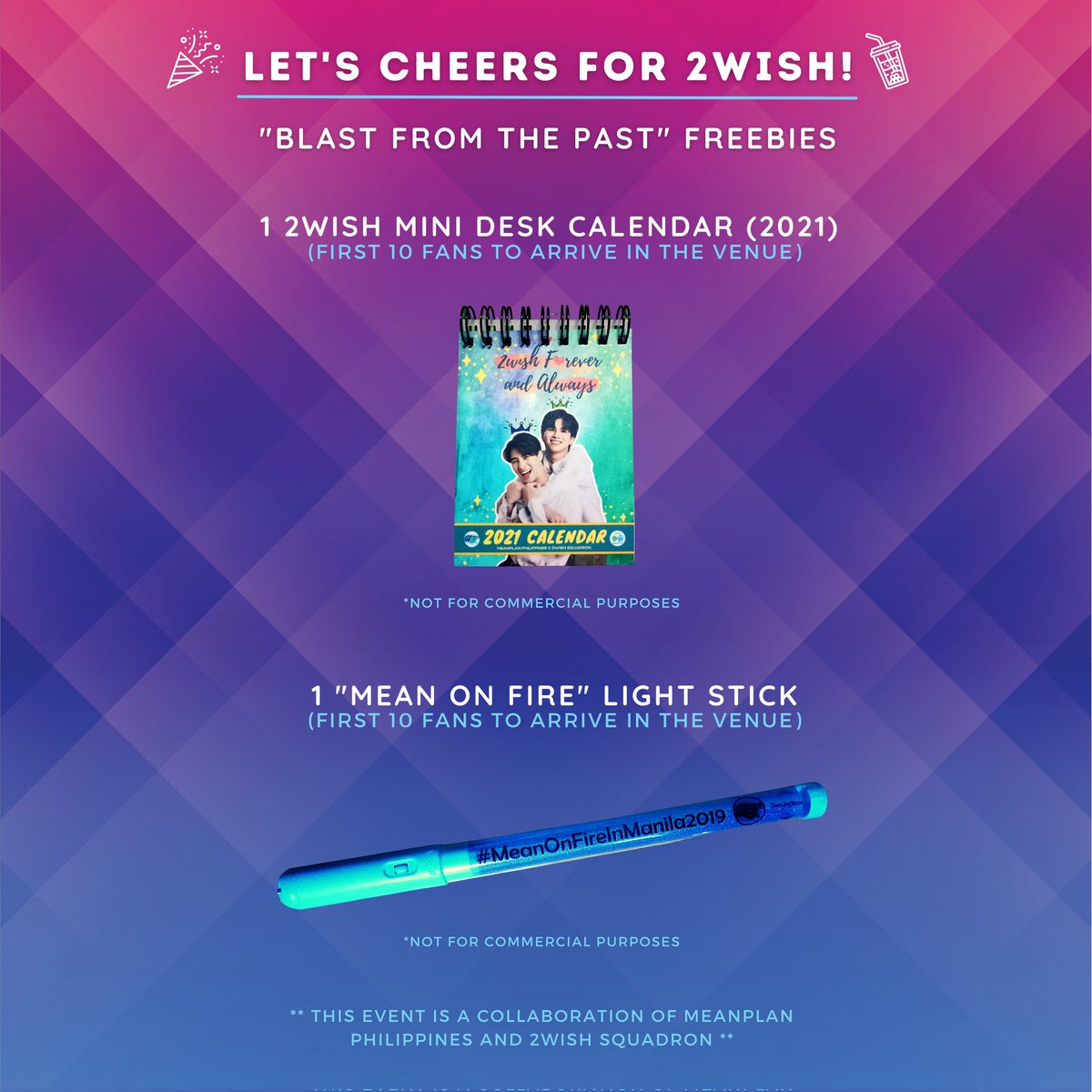 [CHEERS FOR 2WISH: OFFICIAL EVENT FREEBIES - PART 2] 🎁

✅ REGISTRATION PERIOD: January 27, 2022 to February 26, 2022 at 12PM (No extension).
🔗 GOOGLE FORM LINK: bit.ly/3IsMcHO

NOTE: We are also accepting WALK-IN attendees on the event day! 😉

#CheersFor2wishPH2022