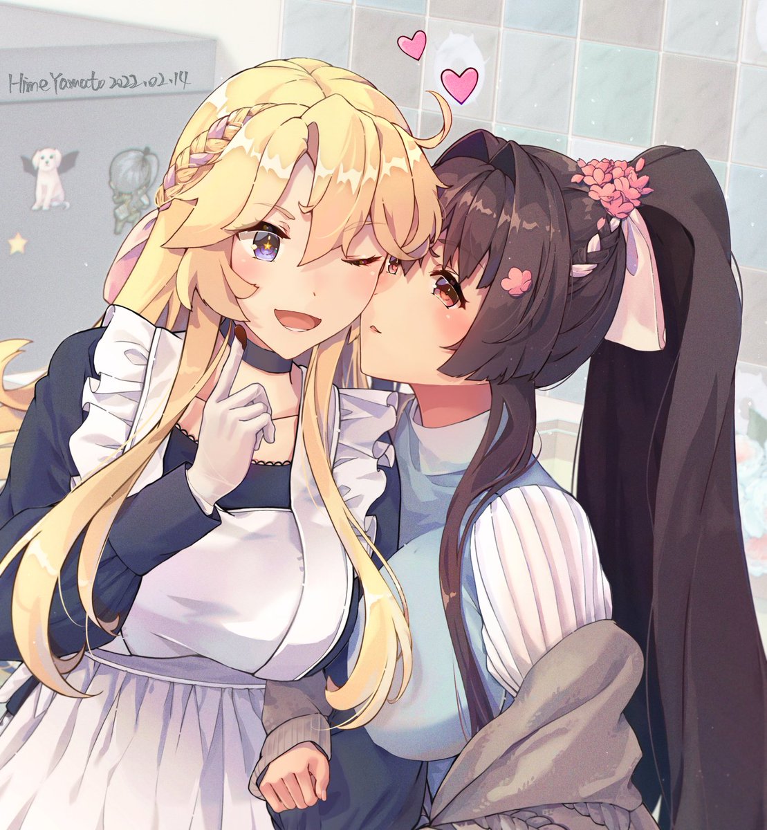 iowa (kancolle) ,yamato (kancolle) multiple girls blonde hair 2girls long hair brown hair symbol-shaped pupils one eye closed  illustration images