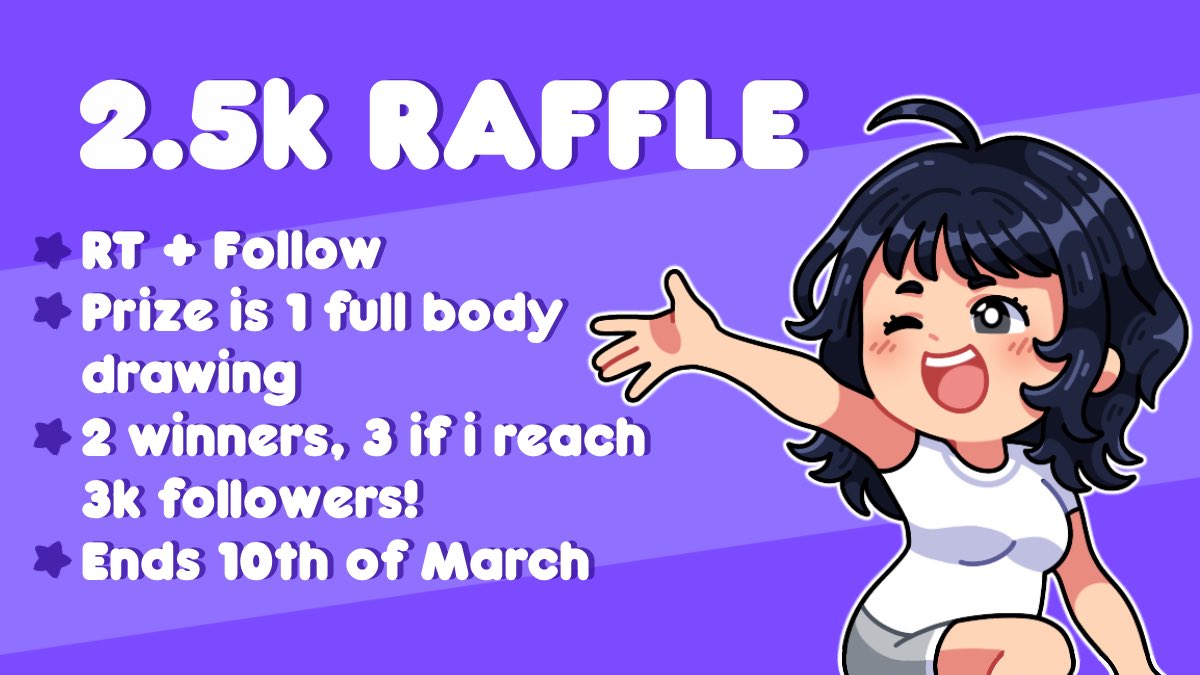 setsulko_'s tweet photo. ⭐️ART RAFFLE⭐️

Hellooo! To thank everyone and celebrate 2.5k followers I’m holding an art raffle!

💜RT and Follow to enter!
💜Prize is 1 full body drawing
💜2 winners will be drawn! 3 if I happen to reach 3k!
💜Raffle ends March 10th!

#raffle #artraffle #artgiveaway https://t.co/Tr6ZoWKh5G