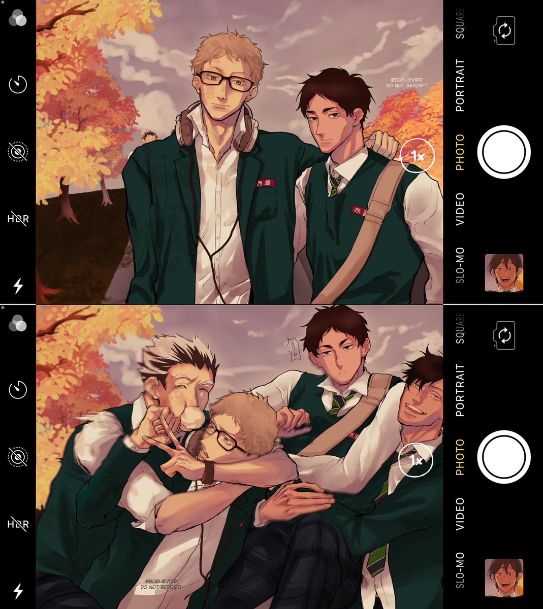 kuroscurro's tweet photo. (same high school au) pestering their kouhais #haikyuu https://t.co/GAYACcKmIt