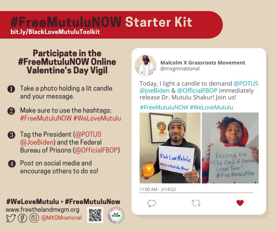MXGMNational's tweet photo. 1/ As our #BlackLove in Action for Dr. #MutuluShakur comes to a close, we continue to ask our community to join the Valentine’s Day #FreeMutuluNOW Vigil. 

Demand @POTUS @JoeBiden &amp; @OfficialFBOP release Baba Mutulu IMMEDIATELY! 

Light a candle. Write a message. Tag them &amp; post! https://t.co/04X204nna0