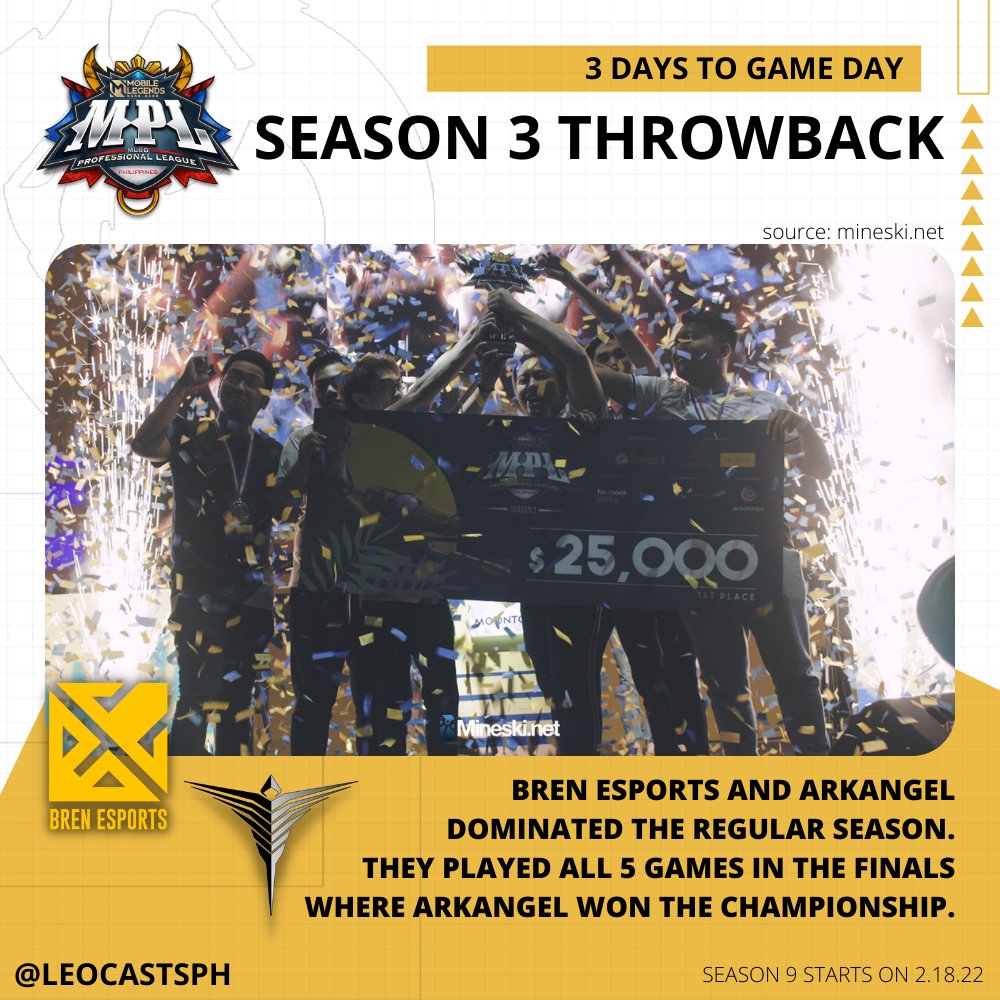 LeoCastsPH's tweet photo. 3 days to game day, lets throwback to Season 3 of @MplPhilippines 

AA and BREN dominated the season. When #ArkAngelLipad happened, it ushered in a new era of coaching in the league - Coach Panda (now with RSG PH) set a standard for seasons to come.

#LakasNgPinas #BeLegedary https://t.co/uSGXEOLjt8