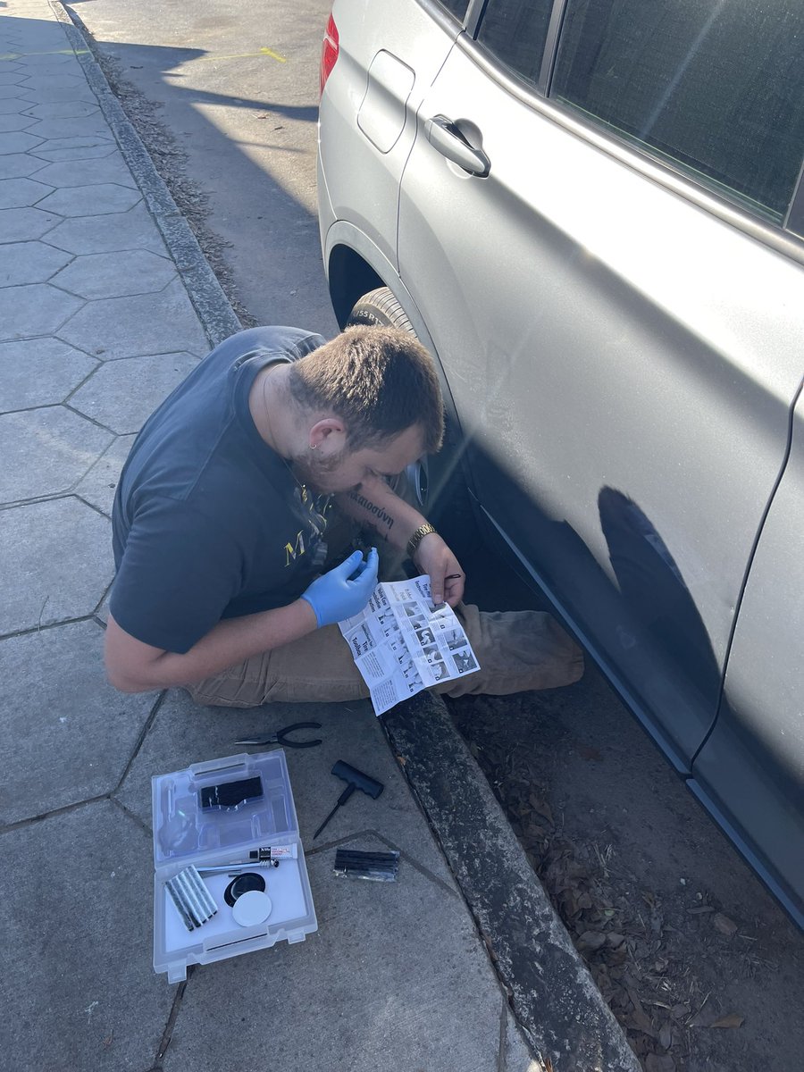hailey_parkk's tweet photo. omg forgot to include this! grey and I both had flat tires today, so our valentine’s date included trying to plug a hole in my tire, fix a flat spray, and lorenzo from midas 🥰 https://t.co/dczu96sR9o