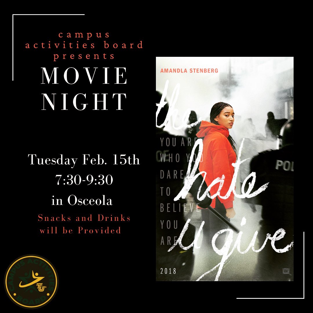 Hey everyone! We will be featuring “The Hate U Give” as a part of our 3rd film for our Black History Month Film Festival. Join us tomorrow Feb. 15th at 7:30 pm in the Osceola Theater located in the Gillmor Center. Hope to see you there!