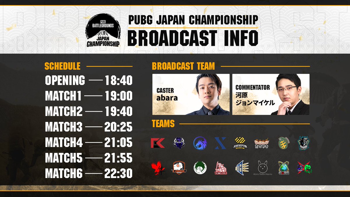 PUBGEsports_JP's tweet photo. 🗻PUBG JAPAN CHAMPIONSHIP Phase1

🗓️2/15 LOWER BRACKET

⏰オープニング　18:40
MATCH1　19:00
MATCH2　19:40
MATCH3　20:25
MATCH4　21:05
MATCH5　21:55
MATCH6　22:30

🎙️CAST： @abaranche @Aries_Pudge 

🔴https://t.co/sVBfTd8RwC
🟣https://t.co/m0gAhrmkd2

#PJC│#PUBG│#PUBGEsports https://t.co/t8e7KBn9Em
