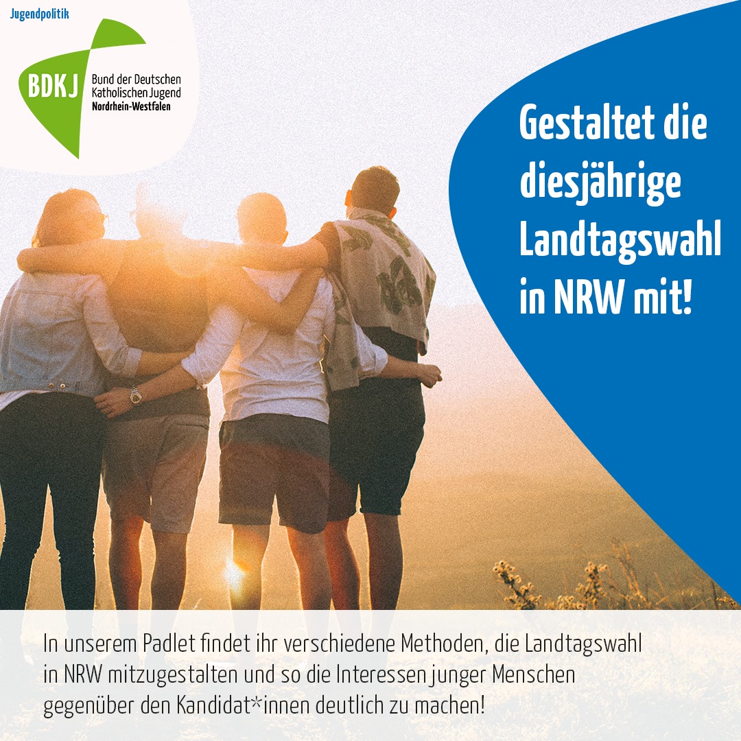 Gestalte die Landtagswahl in NRW aktiv mit! In unserem Padlet findet ihr verschiedene Methoden, die Landtagswahl in NRW mitzugestalten und so die Interessen junger Menschen gegenüber den Kandidat*innen deutlich zu machen! Hier geht's zum Padlet: padlet.com/bdkjaachen/wgx…