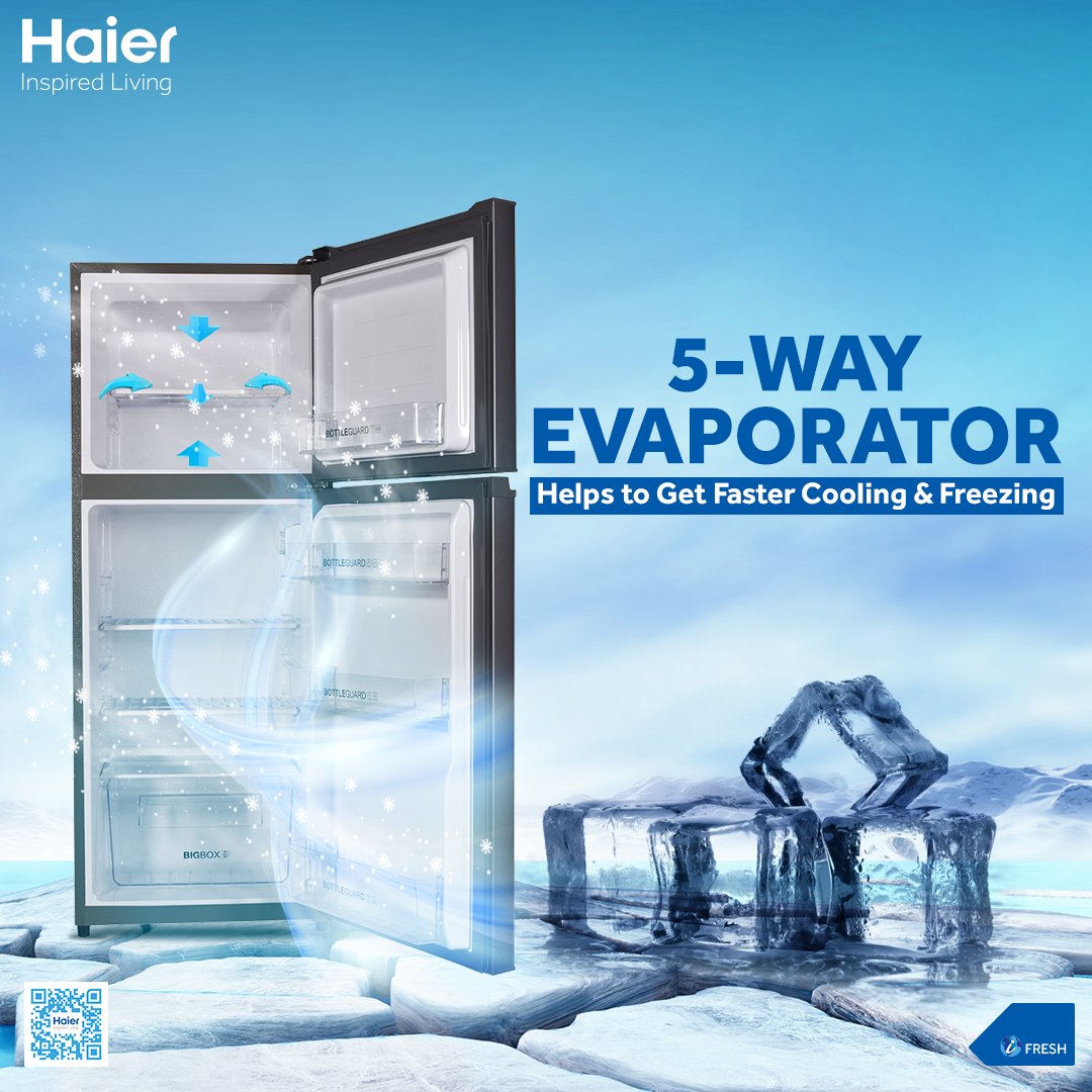 HaierPakistan's tweet image. Haier 186EB Refrigerators are equipped with a 5-way evaporator that helps to get faster Cooling &amp;amp; Freezing

#Haier #HaierRefrigerators #InspiredLiving