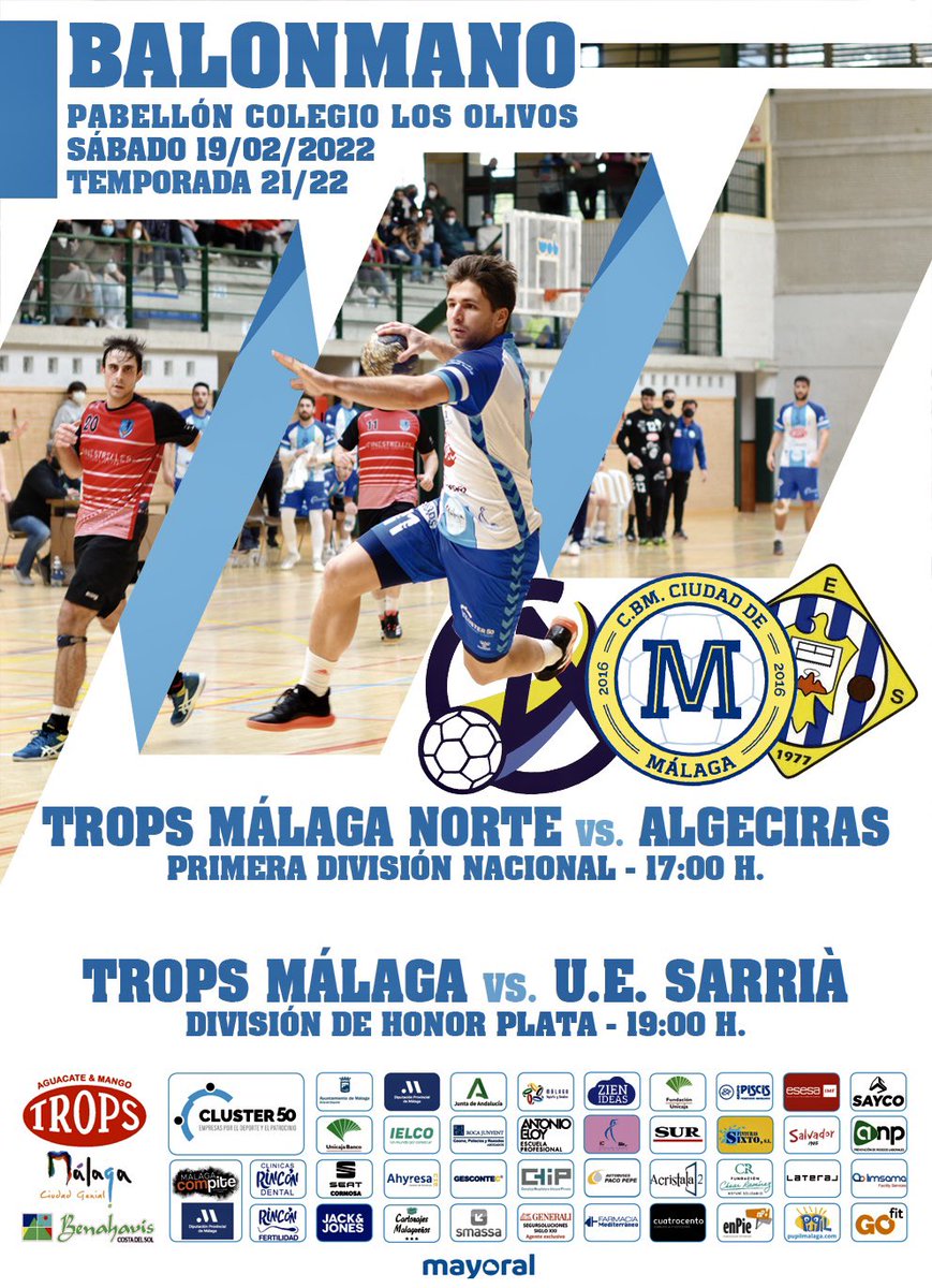 📣Este sábado volvemos a tener doble sesión de #balonmano en el pabellón del <a href="/colegioolivos/">Colegio Los Olivos</a>.
⌚️17:00 h.
🏆 1ª Nacional.
⚔️ <a href="/fTROPS/">TROPS</a> <a href="/BMCiudadDMalaga/">TROPS MÁLAGA BM.</a> <a href="/ClubMalagaNorte/">Club Málaga Norte</a> 🆚 <a href="/bmciudaddealgec/">BM Ciudad de Algeciras</a>.

⌚️19:00 h.
🏆 División de Honor Plata.
⚔️ <a href="/fTROPS/">TROPS</a> <a href="/BMCiudadDMalaga/">TROPS MÁLAGA BM.</a> 🆚 <a href="/UESarria77/">Unió EsportivaSarrià</a>.

📣¡Vamos!