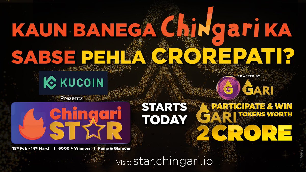 Chingari_IN's tweet image. India’s biggest social media contest is here!!! 
@kucoincom presents ‘Chingari Star’ powered by GARI - Your ultimate mauka to show your talented videos and become a Crorepati instantly. GARI Tokens worth 2 Crore to be won. 
Visit: star.chingari.io today.