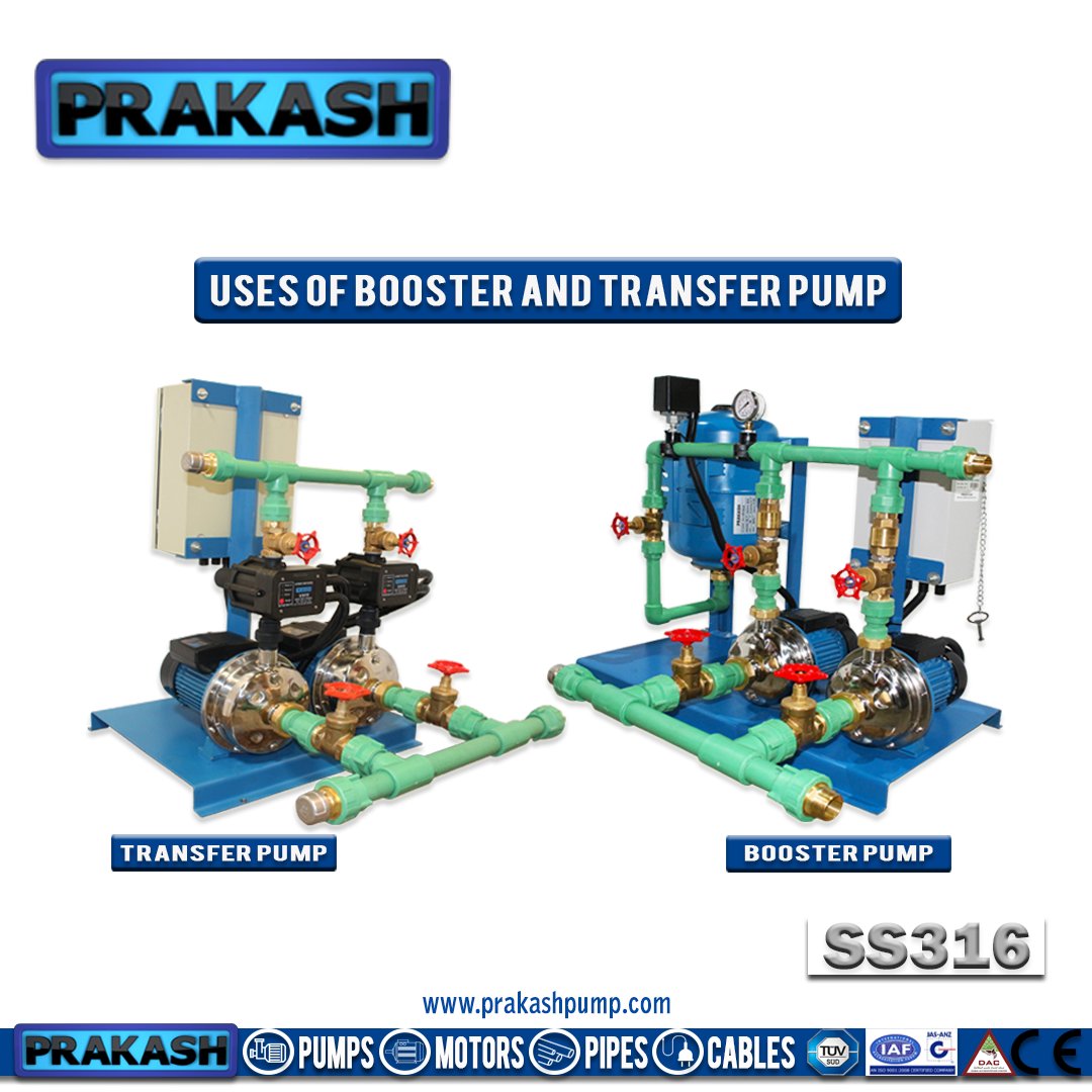PRAKASH PUMP EST on X: "Transfer Pump work: it pumps water from one tank to  another tank (basically it has use for Transfer the water) Booster pump  work : from the tank
