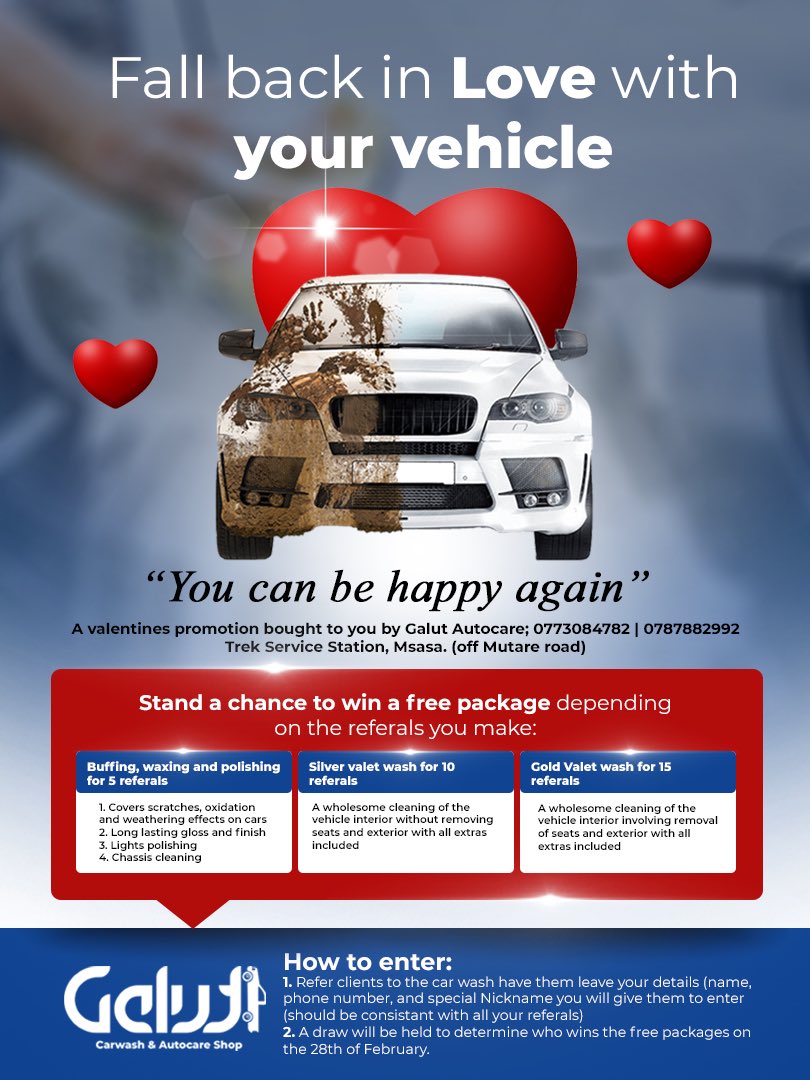 galuttrading's tweet photo. February the month of love:
The theme would be: “Fall back in Love with your vehicle” (you can be happy again)

Galut Autocare will be running a promo where you stand a chance to win a free package depending on the number of referrals you make
1. Buff and wax (for 5 referals) https://t.co/zfCuYjDqNX