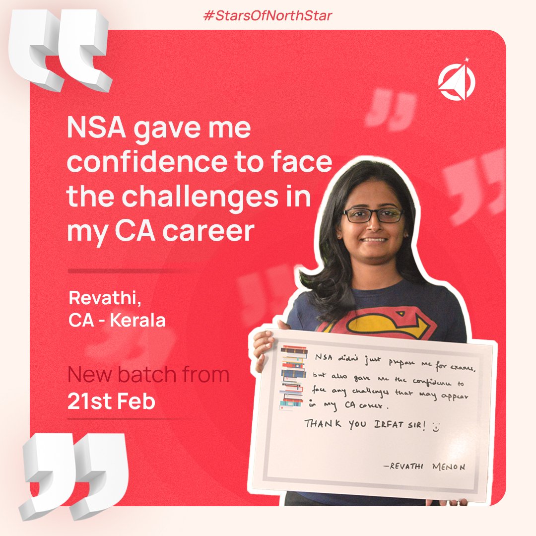 NorthStar_Acad's tweet photo. #StarsOfNorthStar
Meet Revathi!
Everyone knows how challenging the CA preparation is but the focus should also be on the life ahead as a CA and that's what we focus on at @northstaracad
Visit our website or call us at: +91-8147470707
#CASuccess #CAStudent #NorthStarAcademy https://t.co/RIU81m7vkm