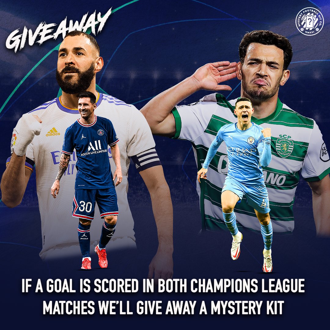 MysteryFootyco's tweet photo. 🚨 GIVEAWAY 🚨 

If a goal is scored in both the PSG v Real Madrid and Sporting v Manchester City UCL games we’ll give away a mystery football kit box 📦🔥

To enter-

1️⃣Follow @MysteryFootyco 

2️⃣ Retweet 🔁

Good Luck 🤞 

Winner announced tomorrow 📅 https://t.co/WkroNyzhQl