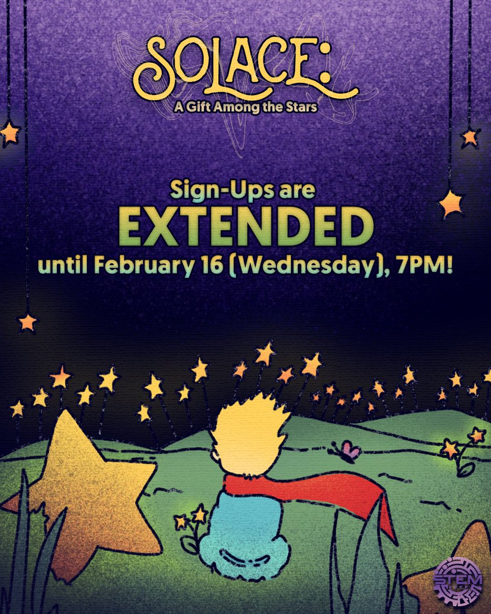 stemsolace's tweet photo. Sign-Ups for SOLACE: A Gift Among the Stars are EXTENDED until February 16, 7PM! 🪄🔮
We are excited to see your talents ✨💫
Sign Ups Form: https://t.co/tfKBKbO7Ao
#STEMSolace22 #GiftAmongtheStars https://t.co/iNJlTglbhT