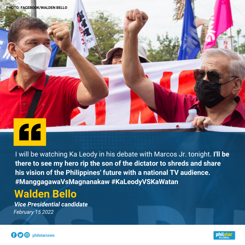 PhilstarNews's tweet photo. GO, LEODY!

Vice Presidential candidate Walden Bello says he will be attending the SMNI presidential debate in person to support his running-mate Ka Leody de Guzman, who is expected to participate along with dictator's namesake Ferdinand "Bongbong" Marcos Jr. #BilangPilipino2022 https://t.co/RT9pEjlE0P