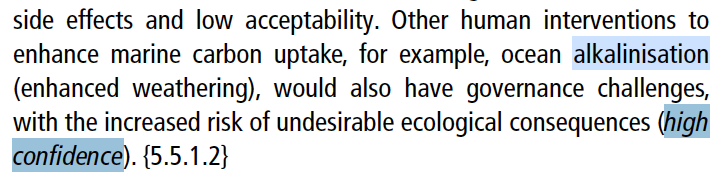 bach_lennart's tweet photo. Just came across this statement in the IPCC #SROCC from 2019 and was surprised to see that the below statement on alkalinity enhancement in the executive summary got a 'high confidence' label. In 2019 there was very little data to properly assess this (See GESAMP or NASEM). How? https://t.co/XSuuEsndTg