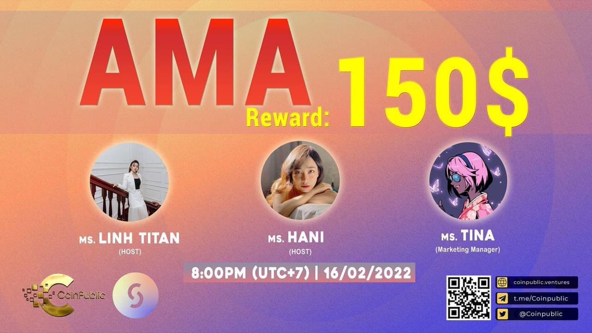 <a href="/Coinpublic/">Coinpublic</a> will host AMA with @solcialofficial 

✅AMA powered by #Coinpublic
✅TIME: 08:00PM (UTC + 7) - 16/02/2022
✅REWARD : AIRDROP 150$ 
✅GUEST : MS. TINA
✅VENUE : t.me/coinpublicchat…
✅Follow <a href="/Coinpublic/">Coinpublic</a> &amp; @solcialofficial 

#Coinpublic #Solcial #AMA