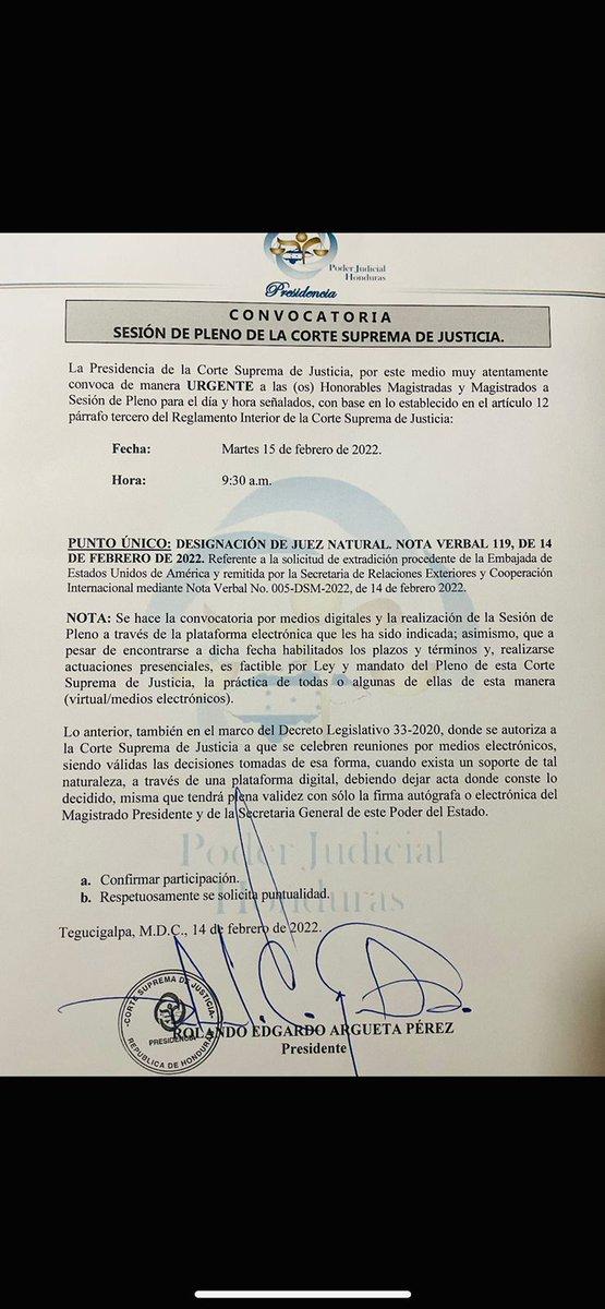 #BREAKING La Corte Suprema de Justicia de #Honduras convoca urgentemente al Pleno de magistrados para designar un Juez Natural referente a la solicitud de extradición del ex presidente Juan Orlando Hernández procedente de los Estados Unidos.