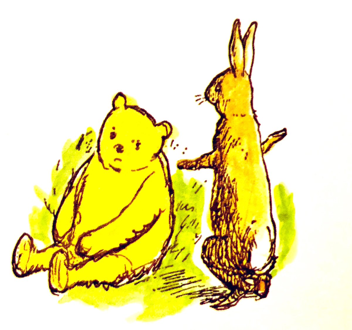 A_AMilne's tweet photo. Rabbit sat down on the ground next to Pooh, and, feeling much less important like that, stood up again.
“What does Christopher Robin do in the morning now? Can you tell me anything you’ve seen him do?”
“Yes,” said Pooh. “We had breakfast together yesterday.” ~A.A.Milne #HalfTerm https://t.co/8N4oPM6iqB
