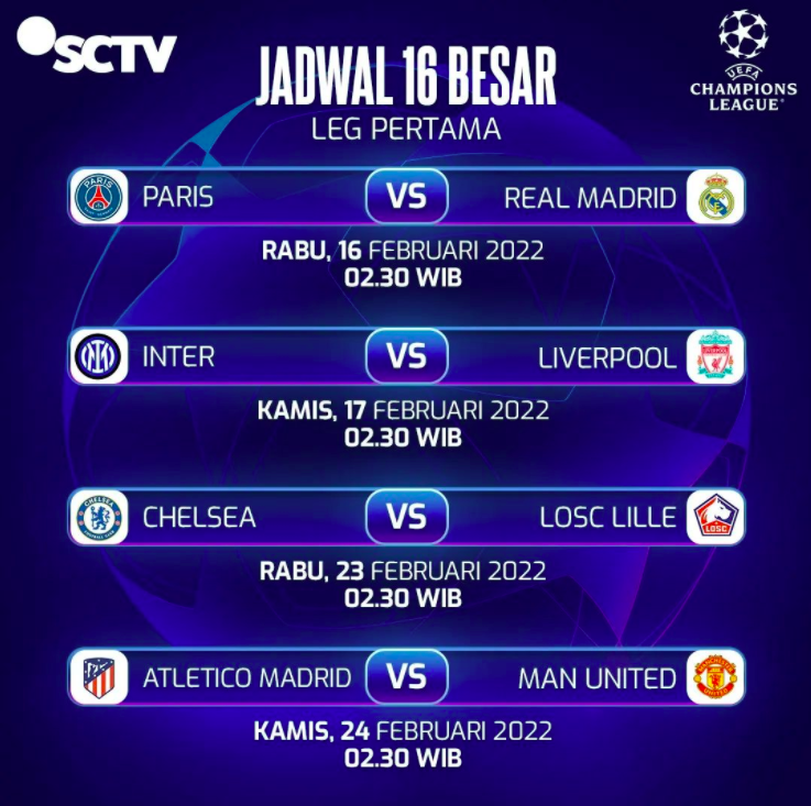 SiaranBolaLive's tweet photo. #MATCHDAY #UCL 16 Besar Leg1:
PSG vs REAL MADRID
K.O 03.00 WIB
LIVE SCTV

SPORTING vs MAN CITY
K.O 03.00 WIB https://t.co/c8nM9bRsiY