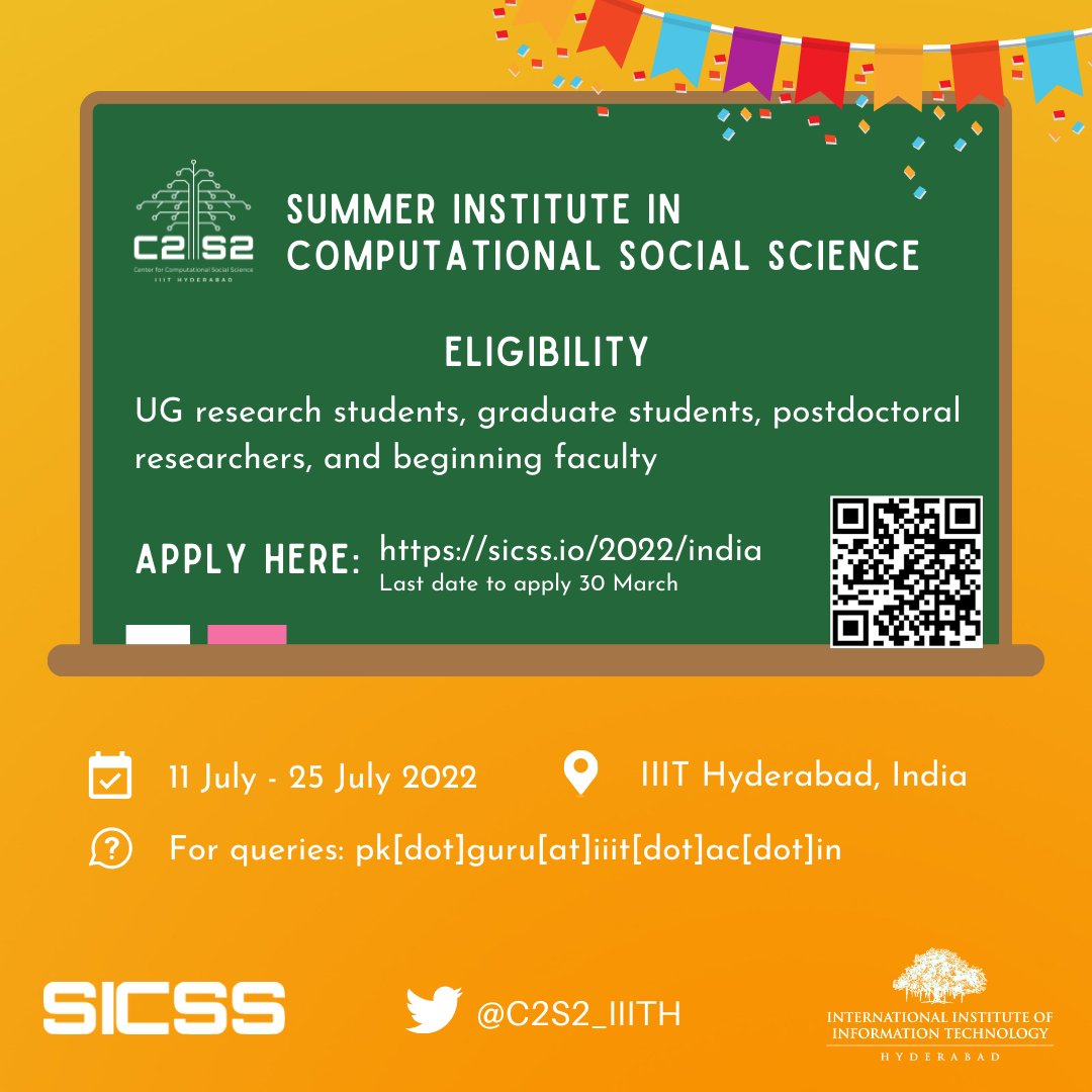 Co-organizing Summer School on Computational Social Science <a href="/iiit_hyderabad/">IIIT Hyderabad</a> Help spread &amp; grow the #CSS community in #India. Part of <a href="/c2s2iiith/">C2S2 at IIIT-Hyderabad</a> c2s2.iiit.ac.in activities. #ProfGiri #CSSatIIITH #SICSS2022 
Apply: sicss.io/2022/india/app… 
/c <a href="/chris_bail/">Chris Bail (chris_bail_duke 🧵)</a> <a href="/ManishGuptaMG1/">Manish Gupta</a>