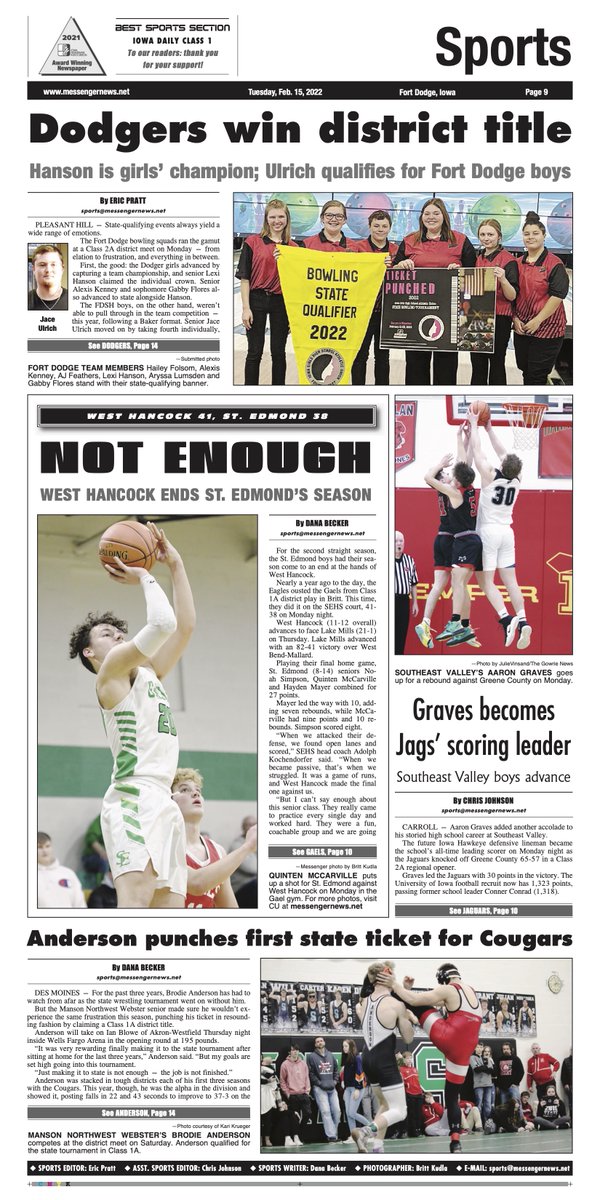 Check out Tuesday's sports section. Dodger girls bowling team and Lexi Hanson win district titles. Alexis Kenney and Gabby Flores and Jace Ulrich qualify for individual state (<a href="/ByEricPratt/">Eric Pratt</a> ); Gaels bow out to West Hancock (<a href="/DanaBecker/">Dana Becker</a>  @Britt_Kudla ).