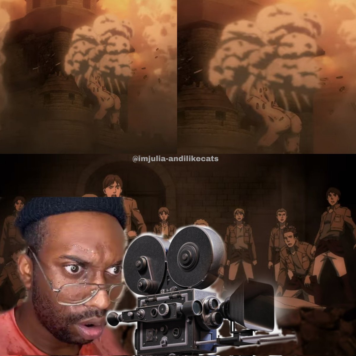 andilikecat's tweet photo. The Cameraman during this scene 👀
Person in Edit: Mike Cakez 

#AttackonTitanFinalSeasonpart2 https://t.co/ynPK2iDlJC