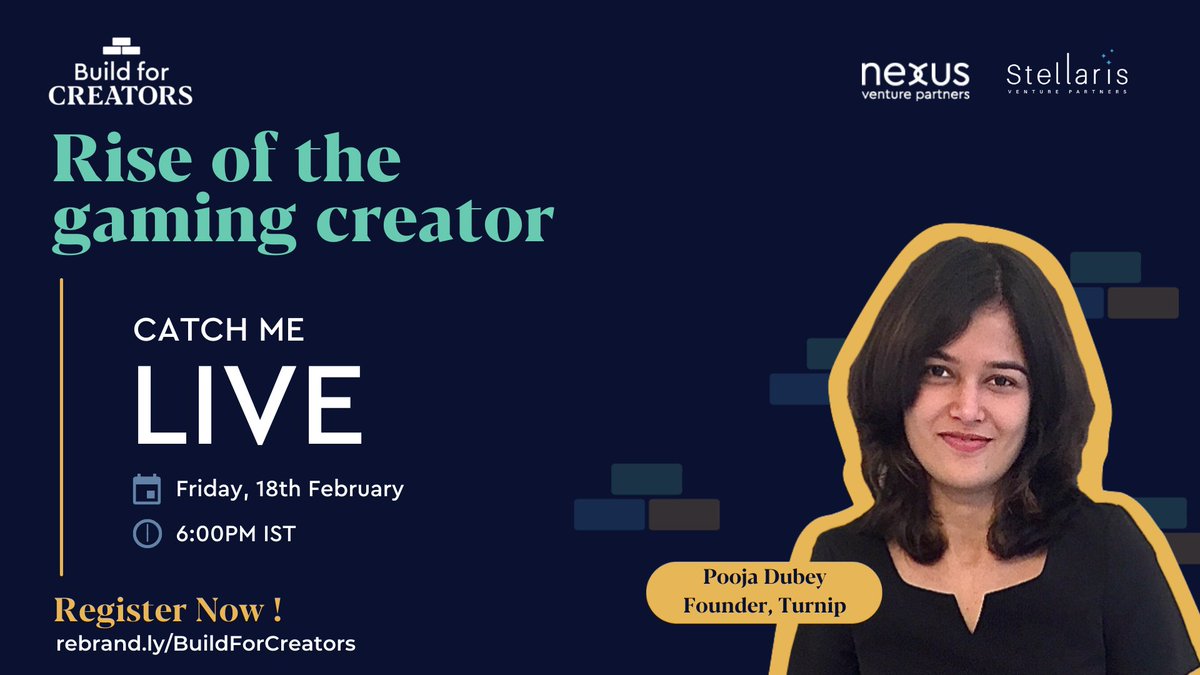 Stellaris_VP's tweet photo. #BuildForCreators | We're discussing 'Rise of the gaming creator, with @PoojaDubey97, Co-Founder of @turnip_live, a platform re-imagining gaming communities.
Join in as we learn about the needs and factors driving gaming creators.
Catch us LIVE on Friday, 18th Feb, 6 PM IST https://t.co/bHHTtPFp5v