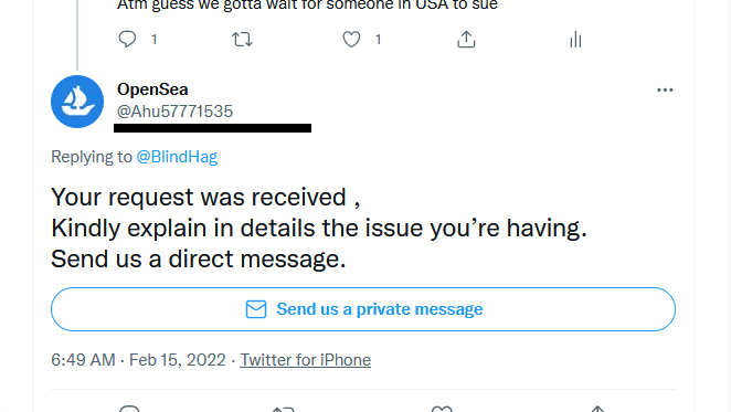 BlindHag's tweet photo. @Dragonrod_Art @opensea Fake support bots still trying their best tho 😉 https://t.co/UmTN06fu7J