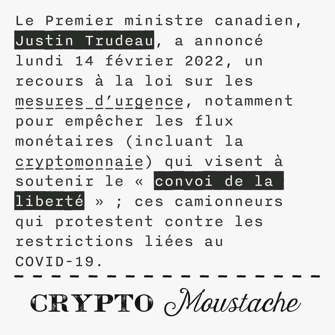 Lisez notre article sur cryptomoustache.fr !

#cryptomonnaie #cryptomonnaies #cryptomonnaiefrance #cryptomoustache #crypto #actualités #actualité
#magazine #blog #france #Canada #convoipourlaliberte #ConvoidelaLibertefrance #ConvoidelaLiberteQuebec #québec #Trudeau