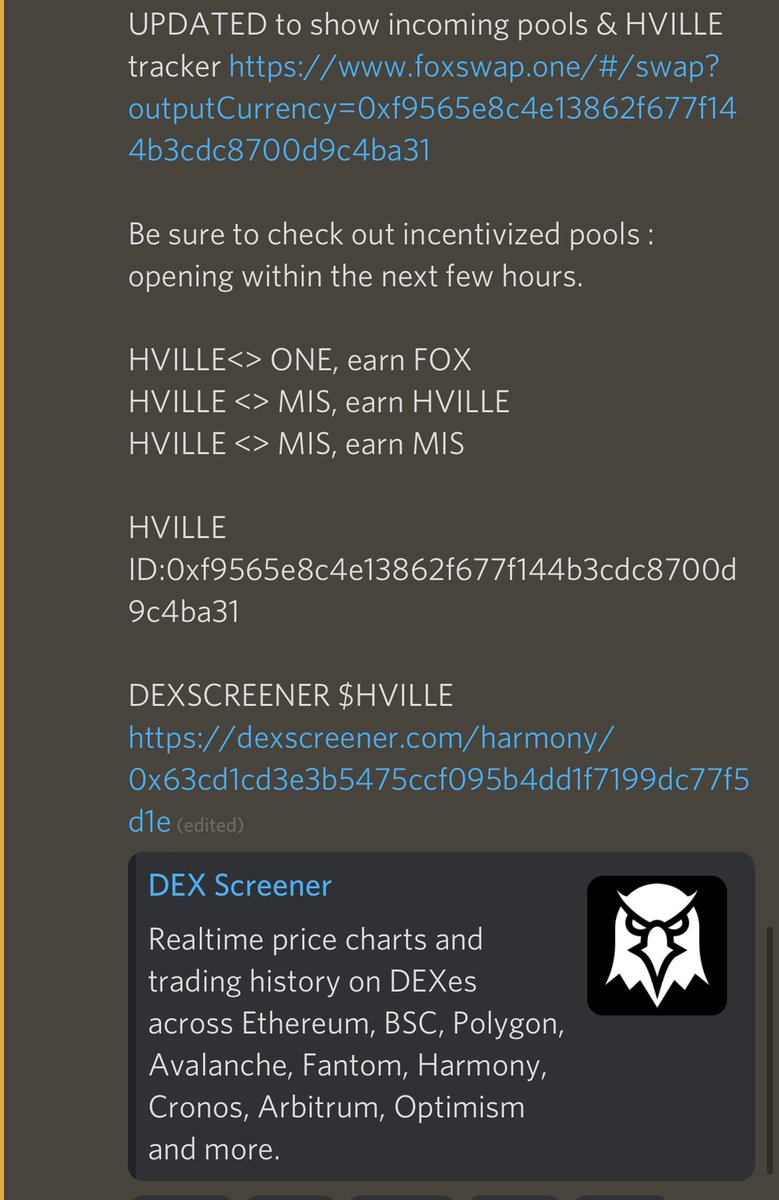 $HVILLE this is just the beginning.
Incentivized pools incoming in a few hours!

dexscreener.com/harmony/0x63cd…