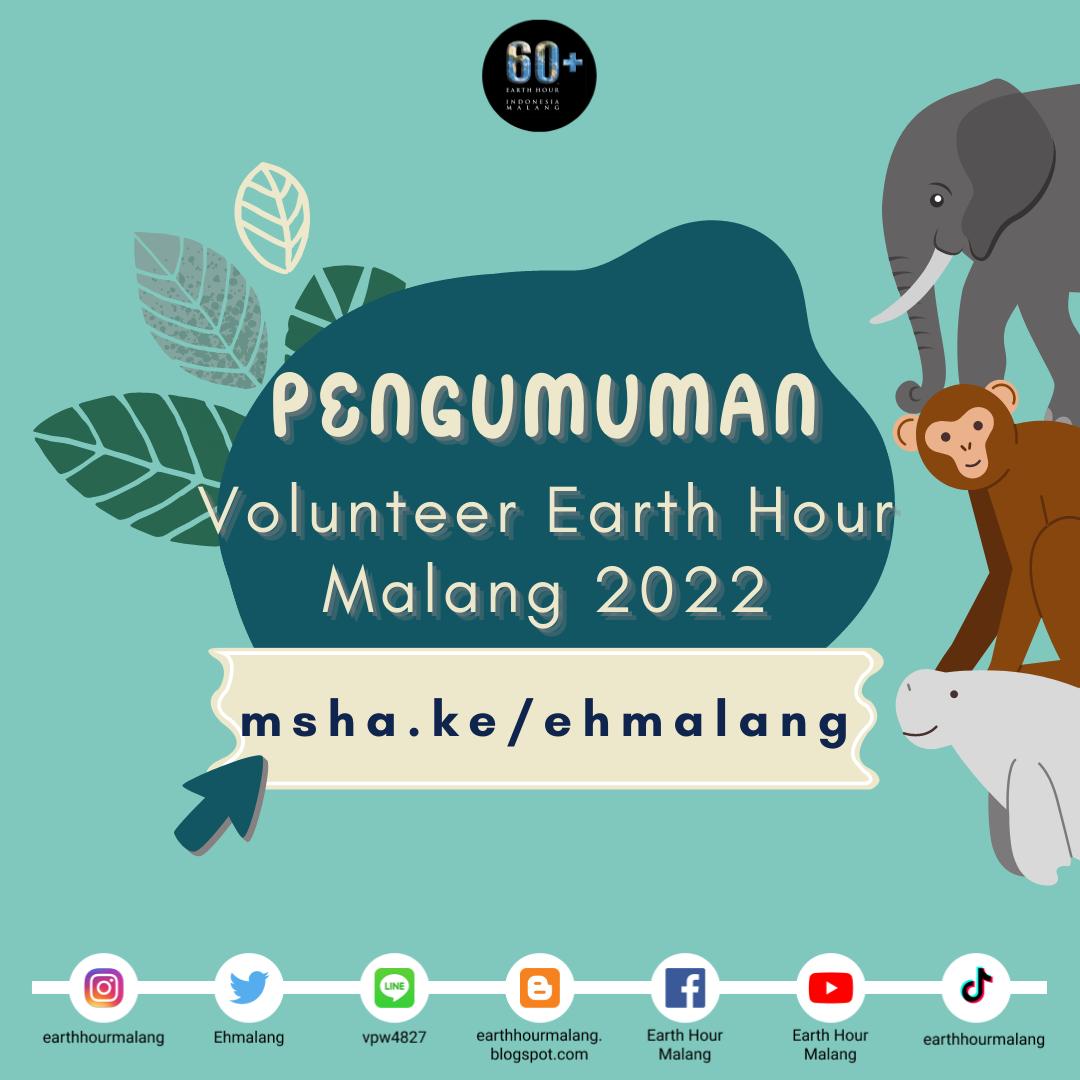[Pengumuman Volunteer Earth Hour Malang 2022]
Terima kasih kepada volunteer yang mendaftar, selamat bergabung di Earth Hour Malang 2022. Pengumuman hasilnya dapat dilihat di msha.ke/ehmalang ya.

#IniAksiku #TentukanMasaDepanmu #ShapeOurFuture #EarthHourIndonesia #EHMalang