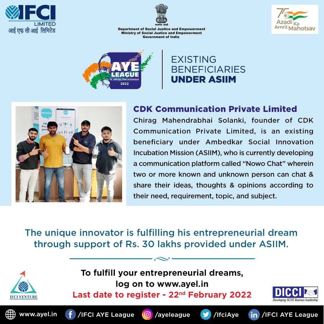 Read about CDK Communication Private Limited “Existing beneficiary under ASIIM”
To fulfil your entrepreneurial dreams, log on to ayel.in

<a href="/IFCI_LTD/">IFCI LIMITED</a> #DICCIorg 
#ifci