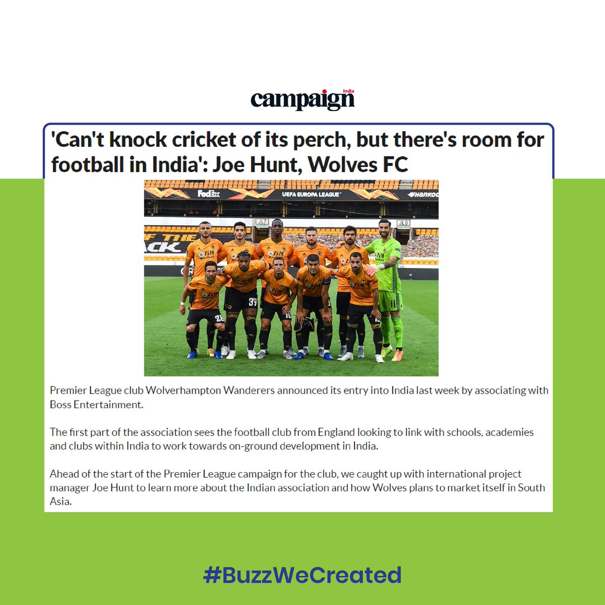 BlueBuzz6's tweet photo. Here's a look at the #BuzzWeCreated for Wolverhampton Wanderers FC. Read about how they broke into the Indian football industry by partnering with schools, academies, and clubs around the country. Read more, swipe right.
#BlueBuzz #BuzzMakers #PR #Wolverhampton #FootballTeam https://t.co/5OHsVxLjEb