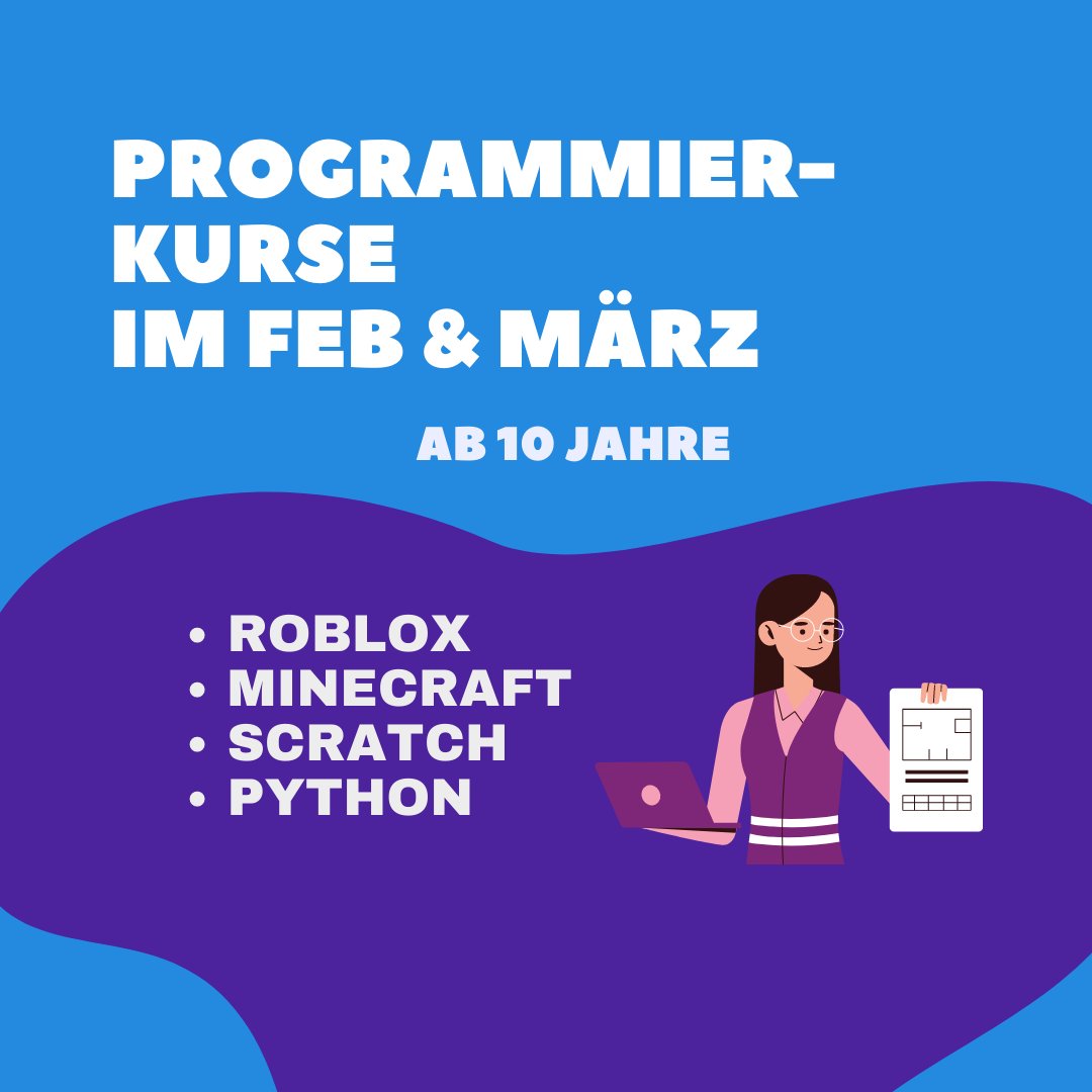 Code it! (@_code_it_) on Twitter photo Auch im Feb. und März veranstalten wir wieder spannende Programmierkurse für Kinder. U.a. zu: 
- Roblox
- Minecraft
- Scratch
- Python
Alle Kurse und mehr Infos unter: code-it-studio.de/webakademie-on… Auch im Feb. und März veranstalten wir wieder spannende Programmierkurse für Kinder. U.a. zu: 
- Roblox
- Minecraft
- Scratch
- Python
Alle Kurse und mehr Infos unter: code-it-studio.de/webakademie-on…