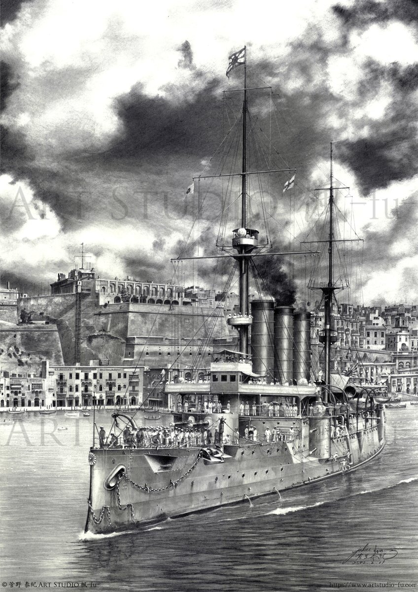 【New work】"The Mediterranean Expedition - Armored Cruiser Izumo 2577" 
This depicts the scene of the Izumo, the flagship of the 2nd Special Squadron dispatched to the MED during WWI, entering Grand Harbor of Malta in Aug. 1917. Drawings based on documents left by her crew. 