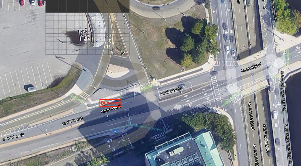 CriticalTransit's tweet photo. @notjustbikes @wtyppod Across the river in Boston, a 2016 Sorriest Bus Stop finalist has been "upgraded" with ramps and bike lanes, or whatever this is. https://t.co/RHTtRcGXae