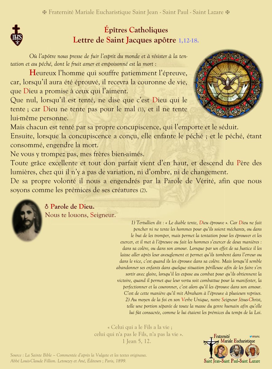 IRFMx's tweet photo. ✞ #Épîtres #Catholiques :
« #Heureux l’#homme qui #souffre patiemment l’#épreuve, car, lorsqu’il aura été #éprouvé, il #recevra la #couronne de #vie, que #Dieu a #promise à ceux qui l’#aiment ». https://t.co/wNLhVHtY6d