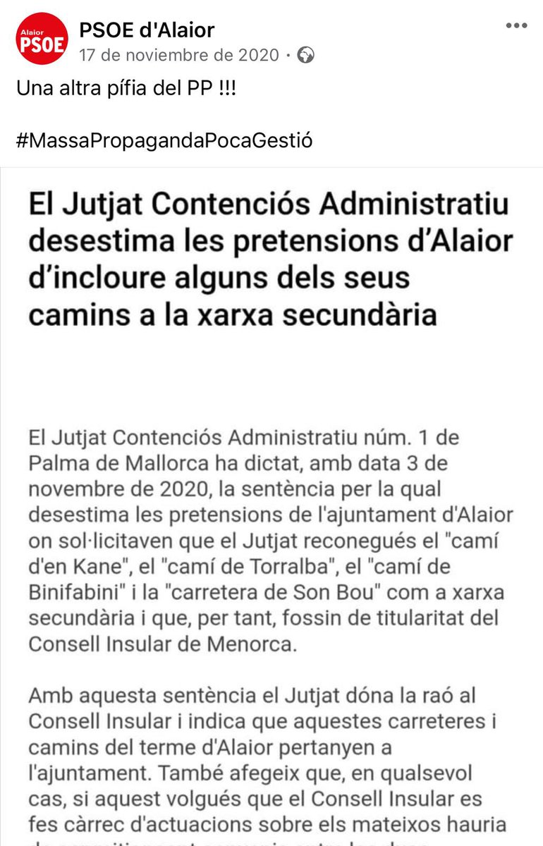 CristobalMP's tweet photo. Algunos NUNCA defendieron lo intereses de su municipio y además criticaban a los que lo hacíamos. PSOE Alaior y Més Alaior deberían pedir disculpas a @JLBenejam y @coiasu. En el @ppalaior primero van los intereses del municipio antes que el partido político. #vergonya #alaior https://t.co/VeW0aC0Sgu