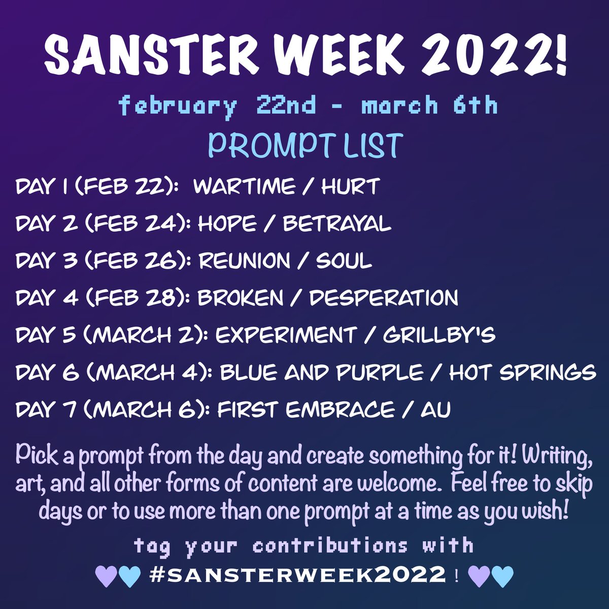 hyliank8's tweet photo. #Sanster Week 2022 is here!! Here are the prompts if you would like to participate. Two prompts for every other day, so you can choose one or make something for both of them :) Tag your contributions with #sansterweek2022!
(Plain text in replies for auto-translation from English) https://t.co/u1VdEO8dHQ