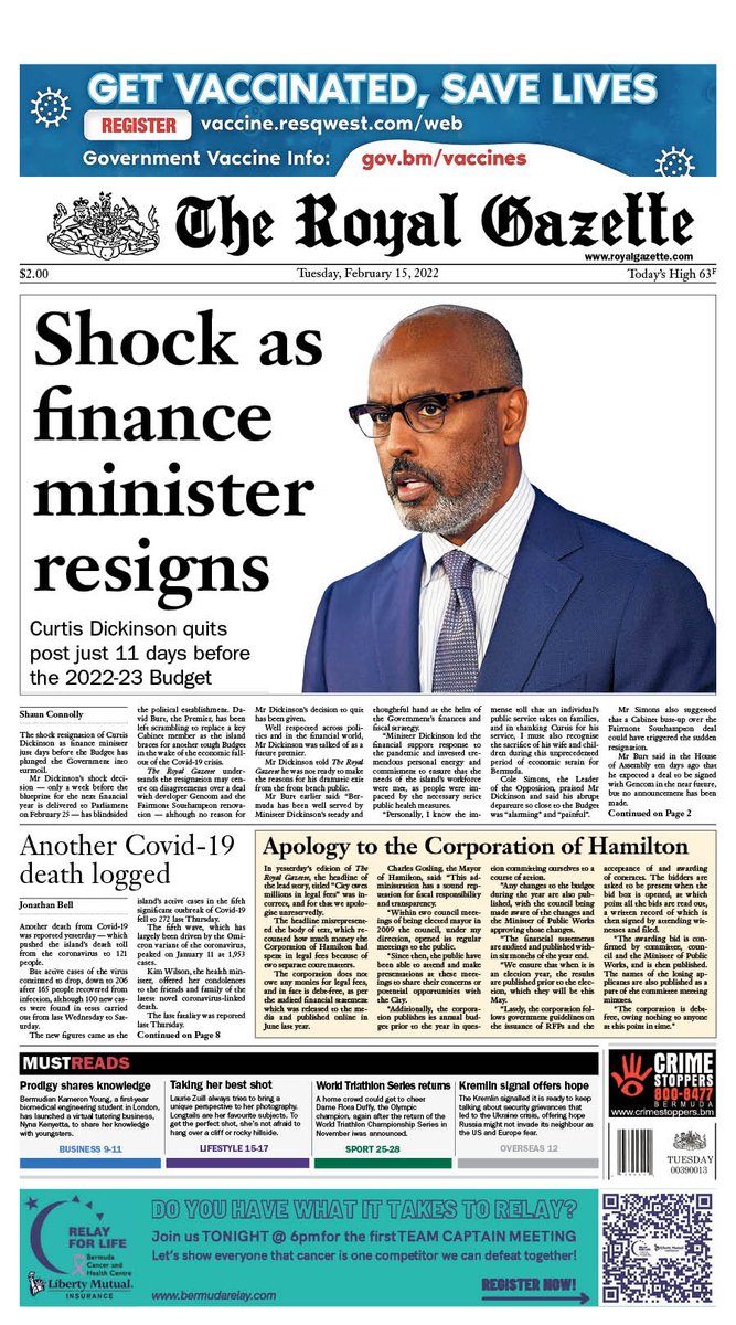 Here is the front page of today’s Royal Gazette
#Bermuda  #tomorrowspaperstoday #todaysfrontpages