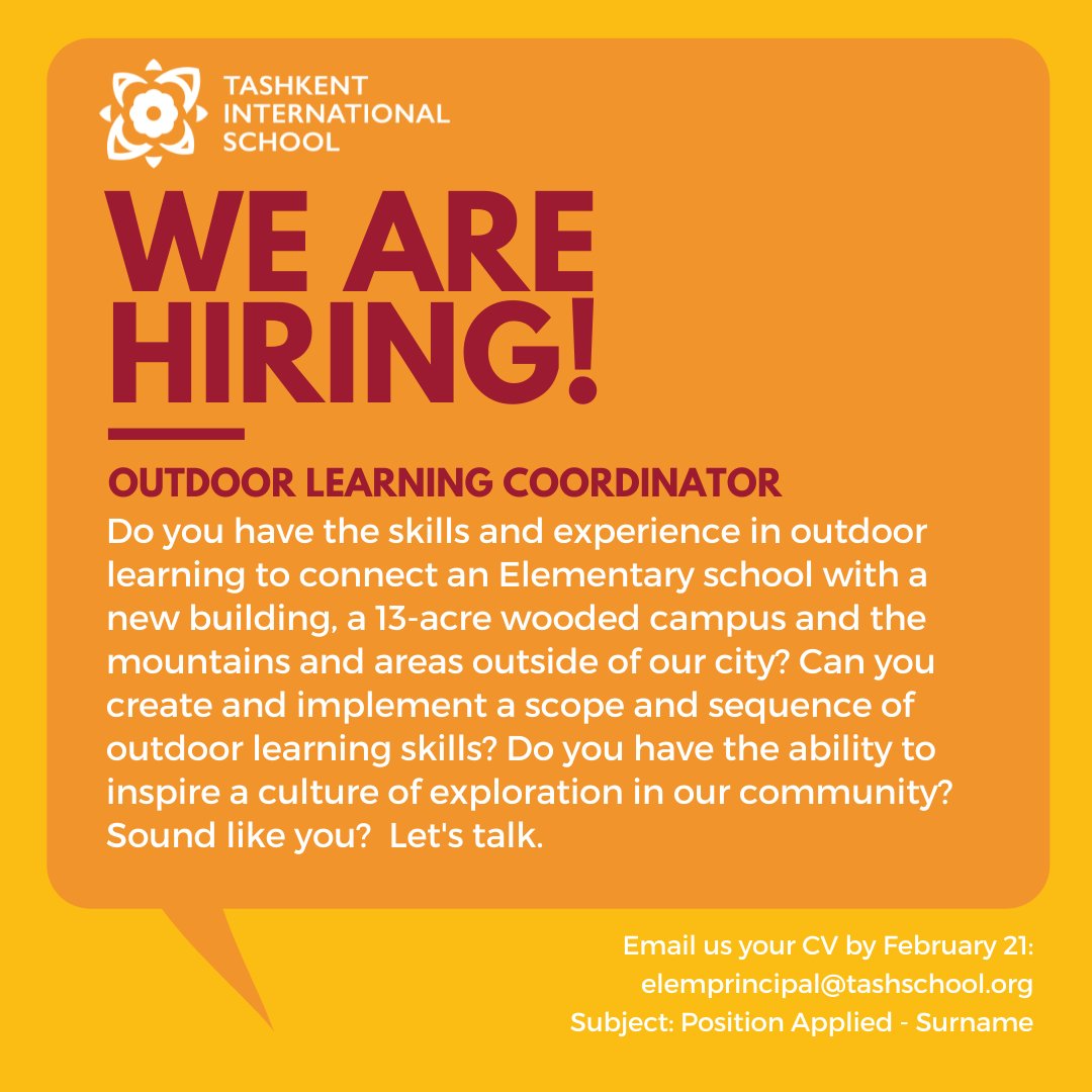 Tashkent International School is recruiting for an Outdoor Learning Coordinator for our Elementary.  Contact me if you have any questions about this dynamic new position. Please share.  #outdoorlearning #outdooreducation #tashschool