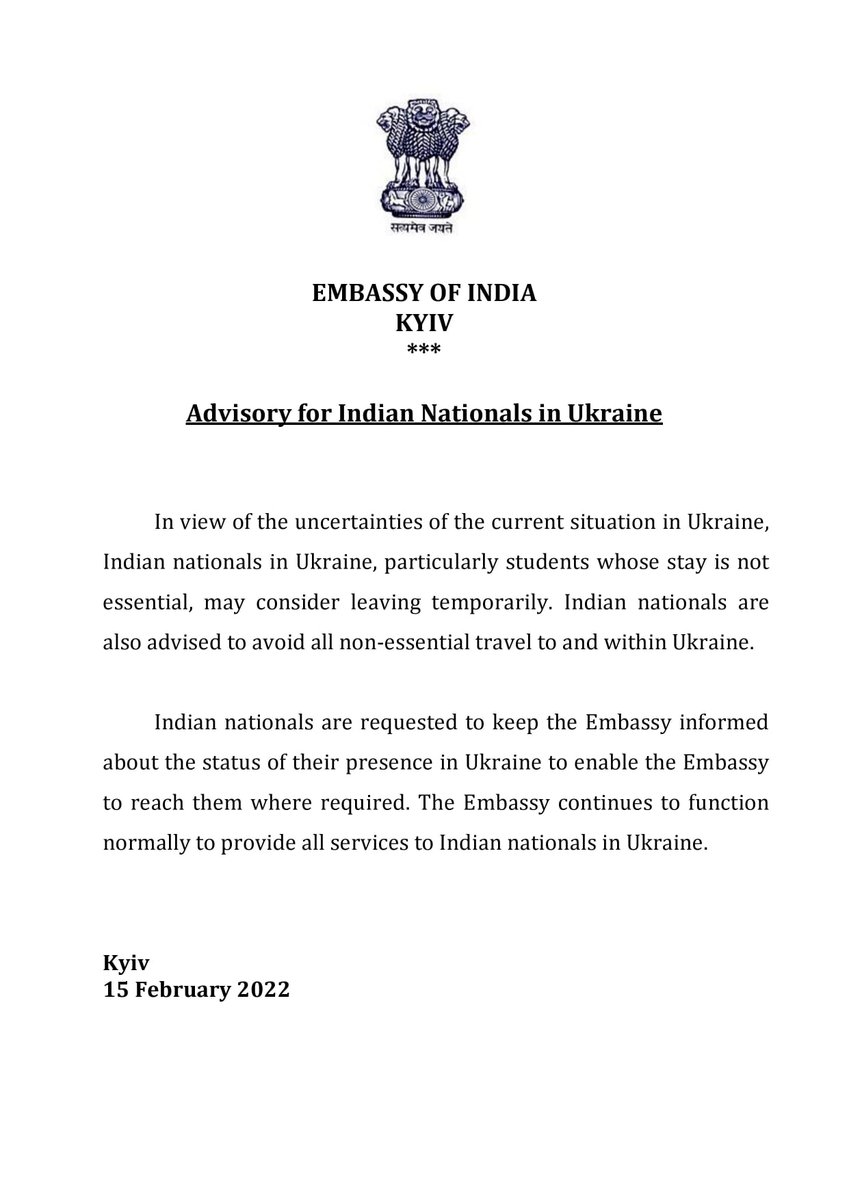 IndiainUkraine's tweet photo. ADVISORY FOR INDIAN NATIONALS IN UKRAINE.

@MEAIndia @DrSJaishankar @PIB_India @DDNewslive @IndiainUkraine @IndianDiplomacy @OIA_MEA https://t.co/LZezMhB8pF