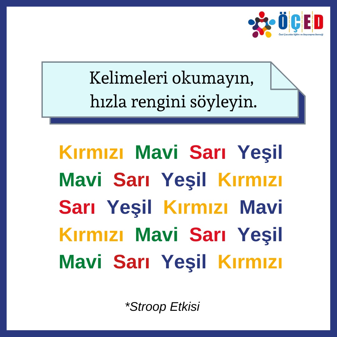 ocedorgtr's tweet photo. Stroop Testi kişinin tepki verme hızını ölçen bir testtir. Rengin ismi ba��ka bir renkle yazıldığında rengi söylemek daha fazla zaman alır.  
#öçed #otizm #disleksi #downsendorumu #özeleğitim #nadirhastalıklar https://t.co/RQnrv8jdhk
