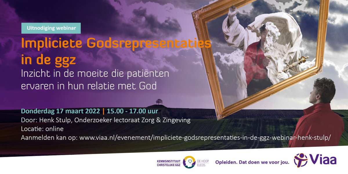viaazwolle's tweet image. Op 17 maart organiseren we i.s.m. Kennisinstituut christelijke ggz (KICG) de gratis webinar “Impliciete Godsrepresentaties in de ggz”.  Henk Stulp promoveerde op onderzoek naar Godsrepresentaties bij religieuze patiënten met persoonlijkheidsproblematiek. viaa.nl/evenement/impl…